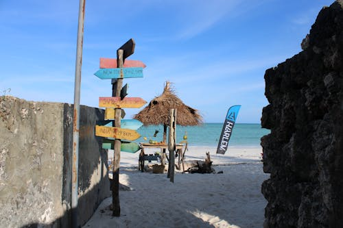 White sand beach framed by coast paths, signs, and a thatched hut